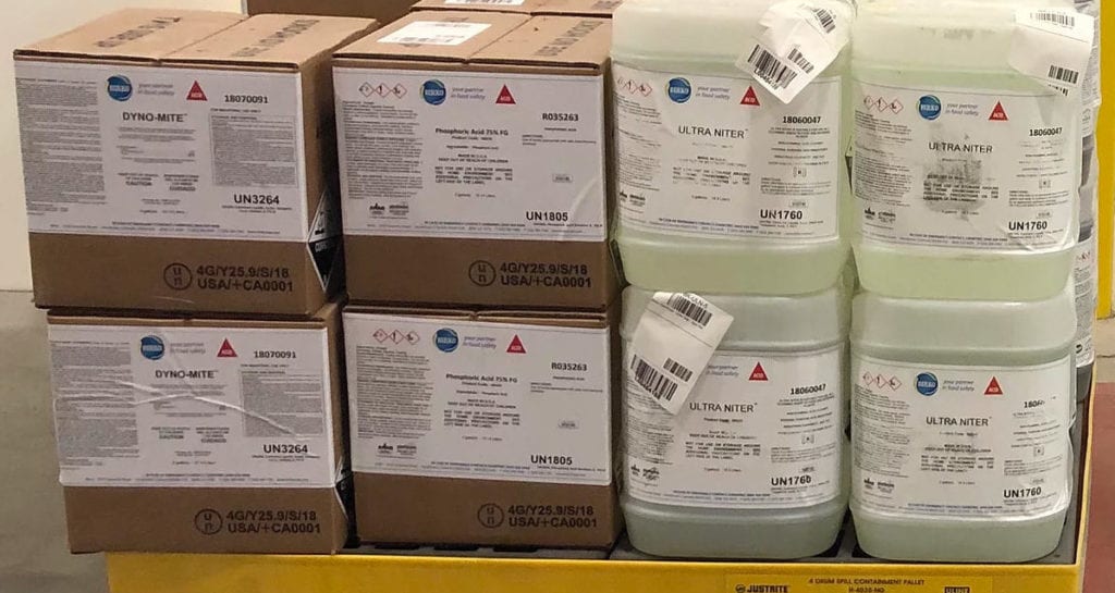 Pallet of cleaning and sanitizing chemicals