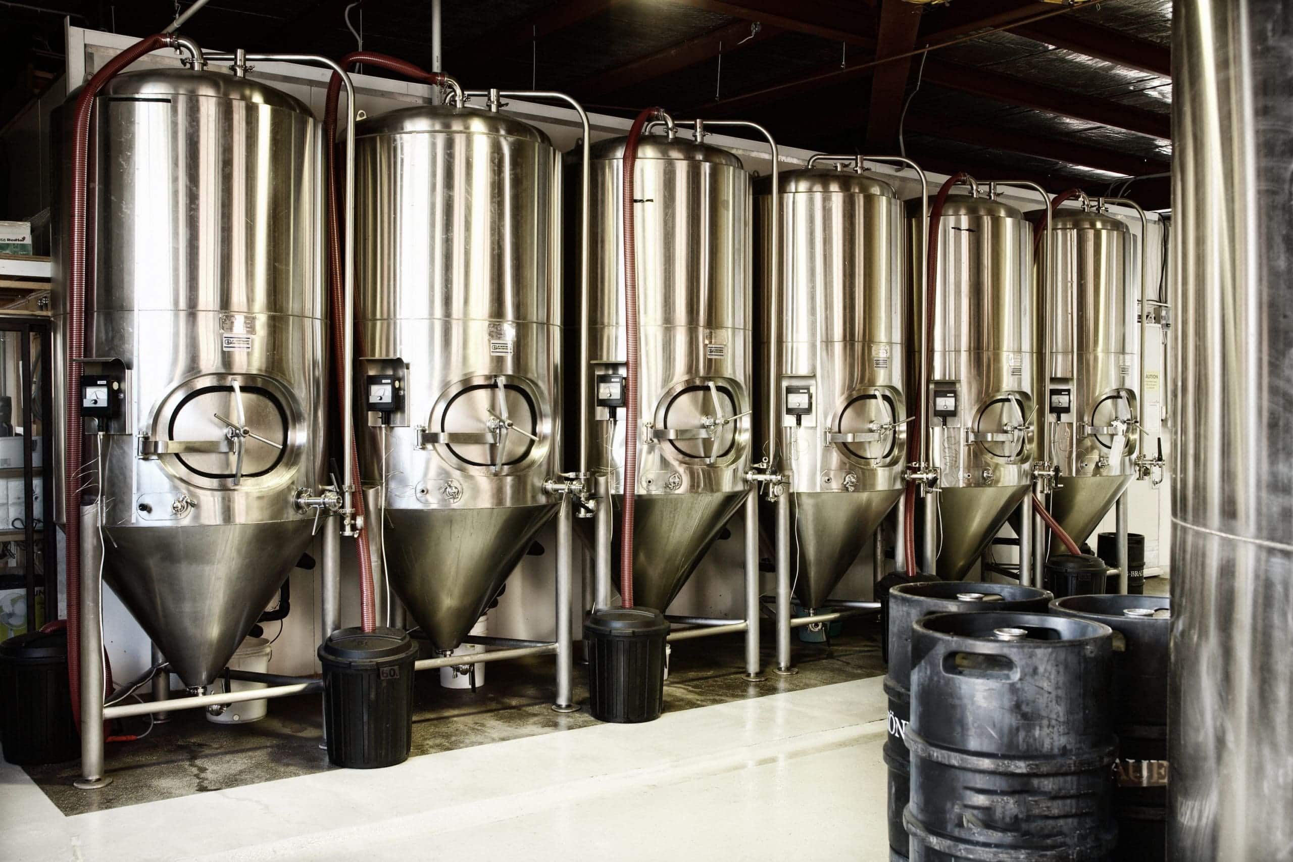 Interior views of small micro brewery processing and storage